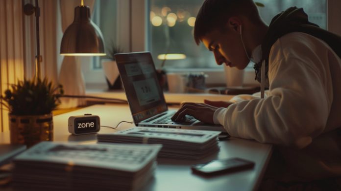 Подросток сосредоточенно учится за ноутбуком вечером при настольной лампе, рядом лежат учебные материалы и телефон.