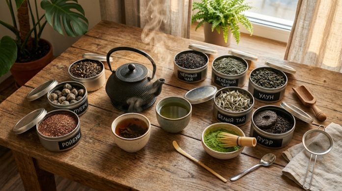 Разнообразие сортов чая на деревянном столе с чайником и чашками