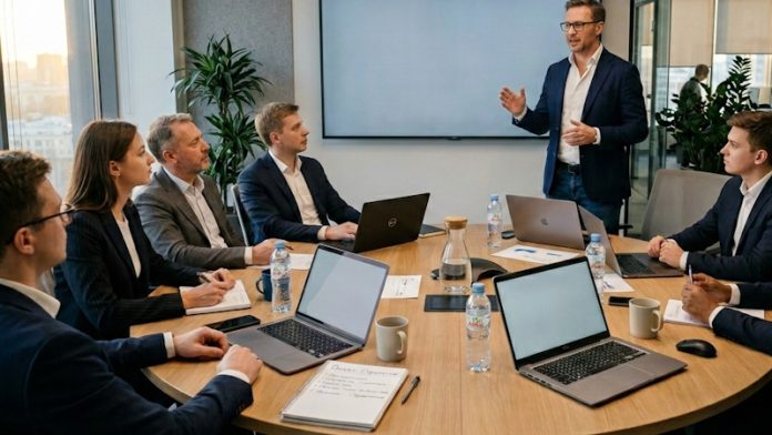 коллеги сидят на совещании