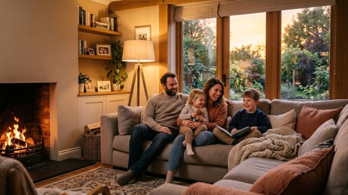 Семья отдыхает в уютной гостиной с мягкой мебелью и теплым освещением