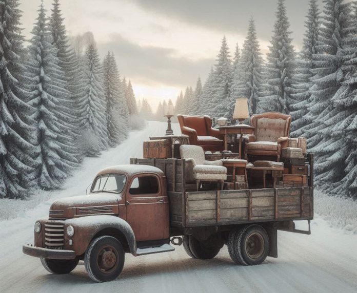 старая мебели в грузовике зимой