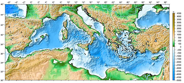 карта глубин Средиземного моря